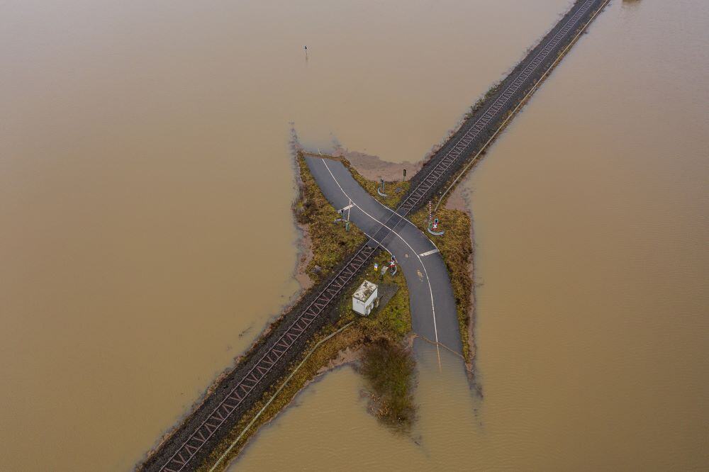 Flooded road and railway
